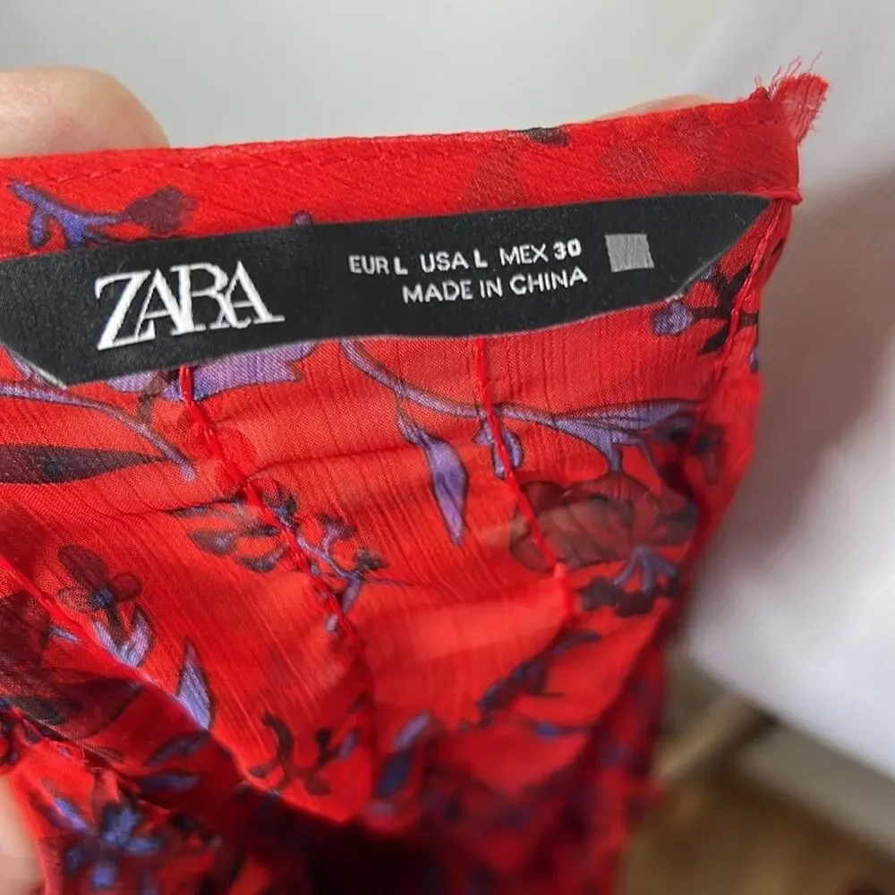 Zara Red Floral Fringe Long Sleeve V-Neck Crop Top